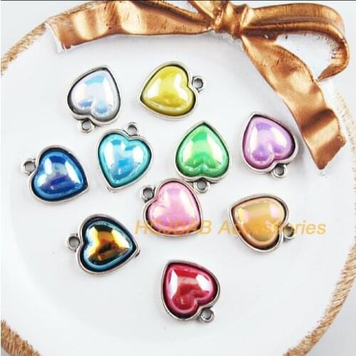 10 New Heart Charms Tibetan Silver Tone Acrylic Mixed Pendants 14x17mm