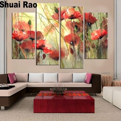 5 pcs Diamond Paint abstract red Poppy flower handmade diamond cross stitch Mosaic home decorative art painting square drill