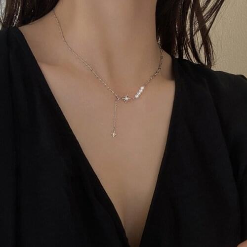 Bling Star Pearl Clavicle Chain 925 Sterling Silver Necklace For Women Fashion Cool Trendy Jewelry