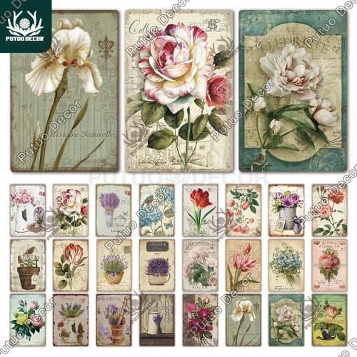 Flower Metal Poster Plaque Vintage Metal Sign Tin Sign Wall Decor for Room Garden Kitchen Living Room Iron Painting