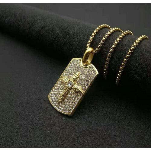 European and American hip-hop jewelry Stainless steel vacuum-plated rhinestone cross rectangular pendant