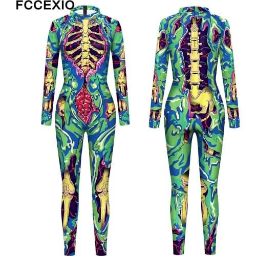 FCCEXIO Adult Cosplay Costumes Halloween Skull 3D Print Bodysuits Women Sexy Slim Elastic Jumpsuit Long Sleeve Catsuit