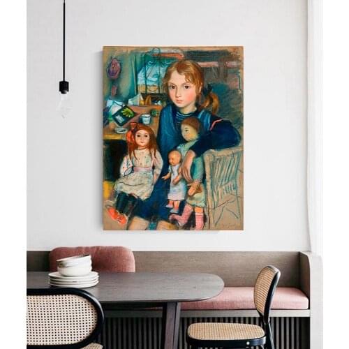 Citon Canvas Art Oil painting Zinaida Serebryakova《Katya with dolls》Artwork Poster Picture Modern Wall decor Home Decoration