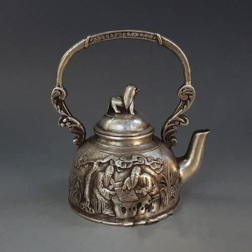 Chinese Miao Silver Carving Old Man Play Chess Animal Dog Statue Wine Pot Tea Pot Kettle