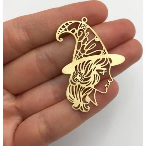 2pcs Raw Brass Witch Charm, Witch Pendant, Witch Hat Charm, Witch Girl Face Charm, Witch Jewelry, Laser Cut Jewelry Supplies