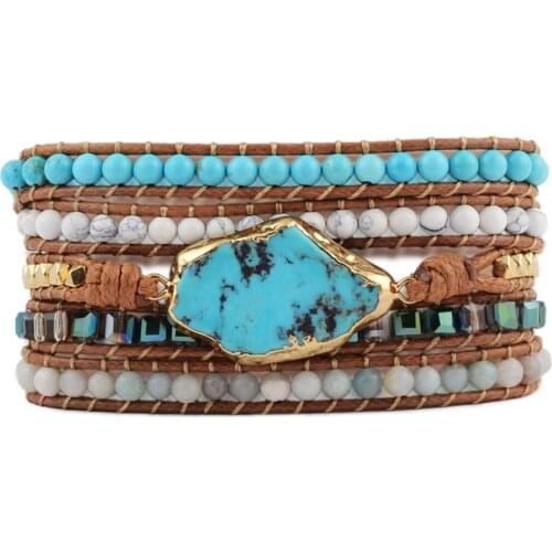 Mixed Handmade howlites Bracelet Natural Stones turquoises Charm 5 Strands Wrap Bracelets Women Leather Bracelet Dropshipping