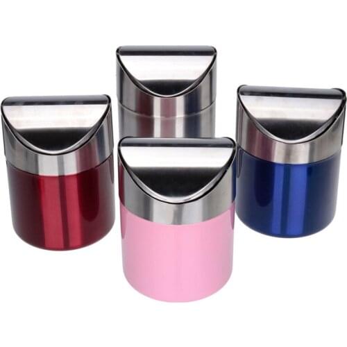 Hot Sale Top Quality Stainless Steel Trash Bin 1.5L Mini Car DustBin Swing Lid Kitchen Worktop Waste Rubbish Trash Can 4 Colors