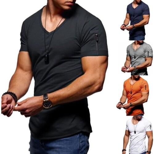 Mens Summer Short Sleeve Zip Pocket T-Shirt V-Neck Solid Color Muscle Fitness Tops Gym Workout Slim Bodybuilding Tee