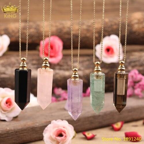 Natural Black Agates Smoky Color Quartz Crystal Hexagon Point Perfume Bottle Diffuser Pendant Chains Necklace Jewelry Women