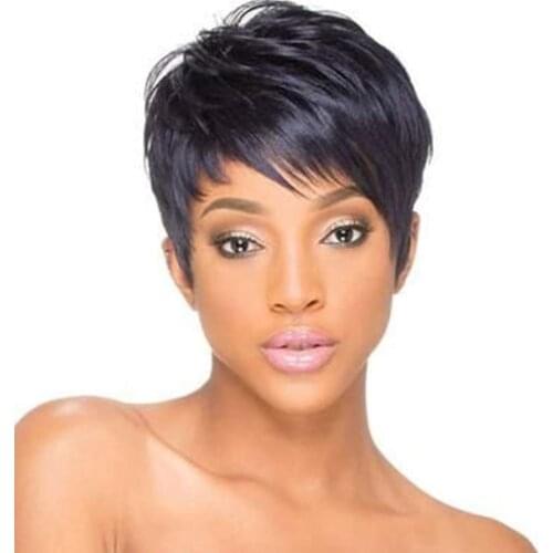 Natural Black Synthetic Short Wig for Women Pixie Cut Square Wigs with Bangs Cuttable Perruque