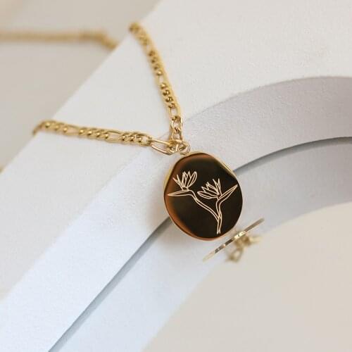 Yearning for Freedom 2021 New Engraved Hand Drawn Lines of Strelitzia Pendant Necklace Gold Plated Figaro Chain Flower Necklace