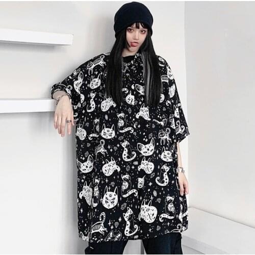 New Summer Shirt Women Oversize Shirt Streetwear Loose Short Sleeve Square Collar Blouse Cartoon Cat Print Harajuku Man Shirt