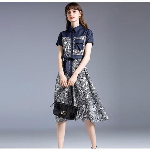New Women Dress Summer 2021 Elegant Fashion Printing Patchwork Empire Waist Turn-down Collar Short Sleeve Slim Dress