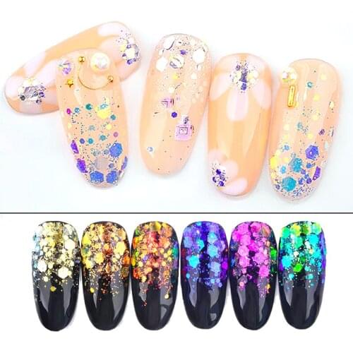 Iridescent Glitter 6 Jars 0.2-2mm Glitter Translucent 6 Colors Glitter Nail Art Supplies Craft Nail Glitter Festival Mixed Size