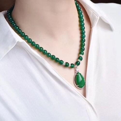 Dropshipping Green Natural Crystal Pendants Water Drop Pendant With 8mm Bead Chain Necklace for Women Lucky Evil Spirits Jewelry