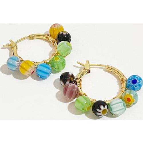 PerisBox Boho Rainbow Bright Beaded Earring Colorful Coloured Glaze Beads Hoop Earrings Summer Beach Jewelry