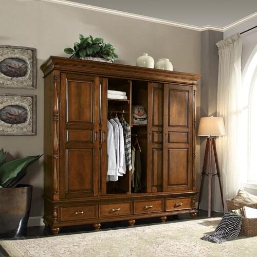 American rural solid wood wardrobe sliding door moving door three door four door wardrobe