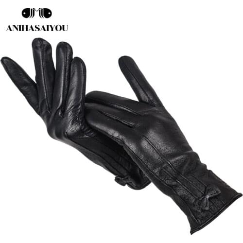 High grade winter leather gloves,small butterfly adornment leather gloves women,black sheepskin gloves for women - 1812