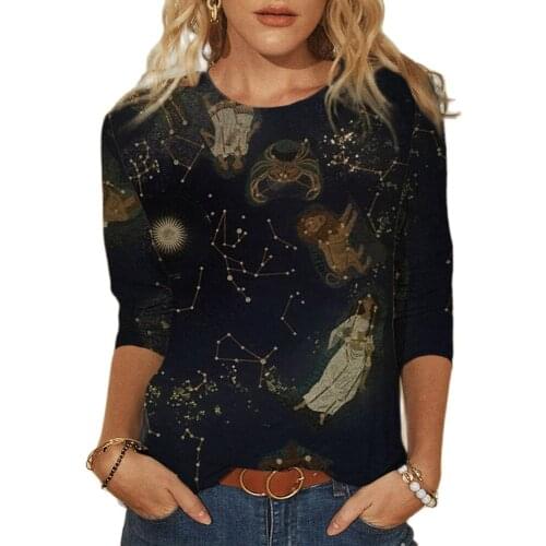 Constellation Printing Womens T-Shirt Long Sleeved Black Tops Spring Autumn Casual Women Clothes O-Neck Streetwear Ladies Tee