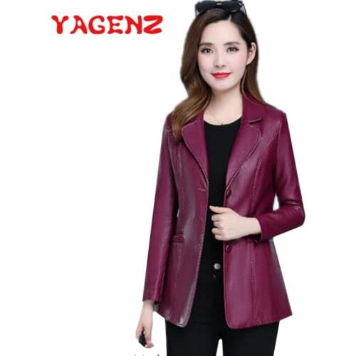 YAGENZ Plus Size Leather Jacket Women Fashion Pu Leather Coat Single-breasted Spring and Autumn Faux Leather Jacket Female 833