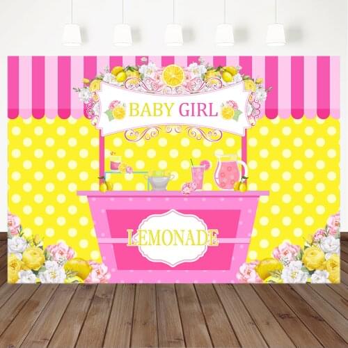 Lemonade Shop Baby Shower Photography Background Pink and Yellow Floral Backdrop White Wave Point Birthday Dessert Table Banner