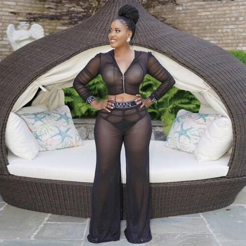 Black Sheer Mesh Perspective Two Piece Tracksuit Women Hooded Full Sleeve Crop Top and Wide Leg Trouser Letter Print Sweatsuit