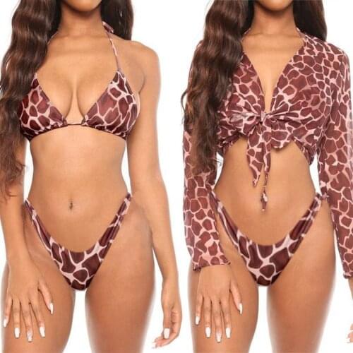 Womens Sexy 3Pcs Brazilian Bikini Set Halter Bra Micro Thong Swimsuit with Mesh Cover Ups Cardigan Stripes Bathing Suit