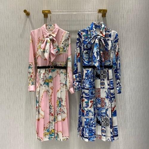 Long Sleeve Luxury Design 2021 Summer Collection Mid Calf Fit Flare Belted Elegant Shirt Dress