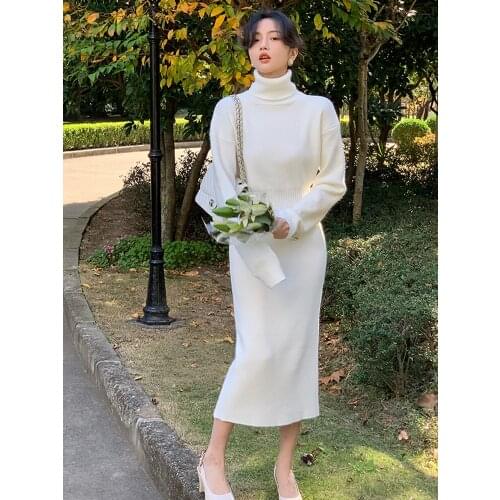 Retro white knitted dress womens spring and winter 2021 new waist slimming turtleneck sweater long dresses