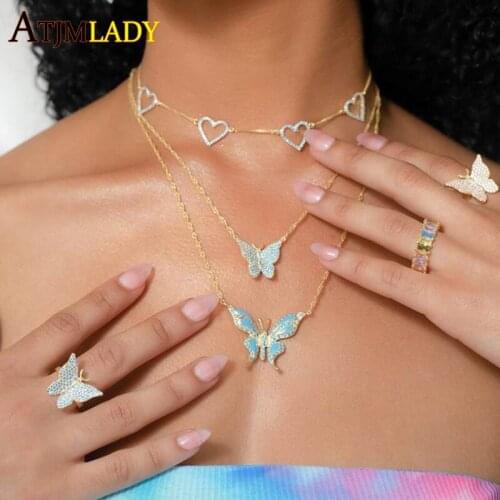2021 New Arrive Iced Out Bling White Pink Blue Cubic Zirconia CZ Women Jewelry Gold Color Cute Lovely Butterfly Animal Necklace