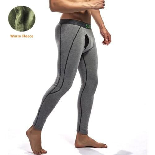 Winter Warm Fleece Thermal Underwear Leggings Men Thermo Pants Long Johns Bottom Leggins Sexy Open Bulge Low Waist Male Clothing