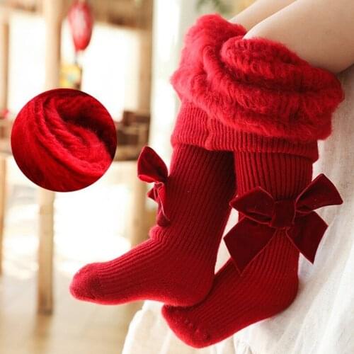 Baby Girl Pantyhose Winter Thickened Cotton Bottomed Pantyhose Girls' Big Bow Princess Socks Red Plush Pants 0-4Y Girls Leggings