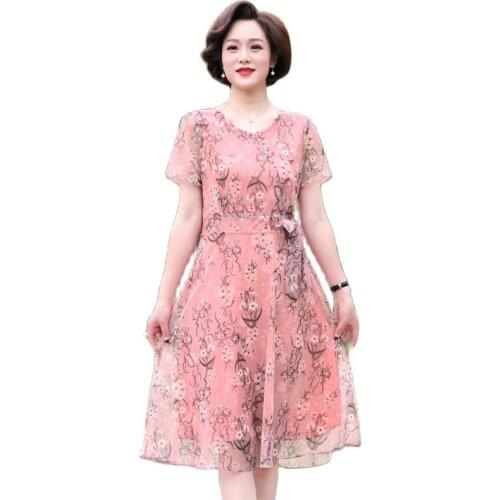 2020 Middle-aged elderly Womens Clothing elegant Plus Size Dresses vintage Short-sleeved Summer Chiffon Dress b414