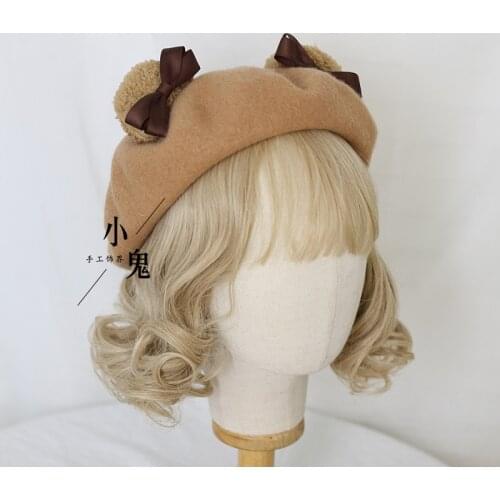 2021 Japanese Style Kawaii Cute Bear Ears Bowknot Beret Mori Girl Painter Hat Autumn Winter Warm Sweet Woolen Handmade Headdress
