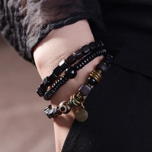 BOEYCJR Natural Tibetan Black Sandalwood obsidian Bead Bangles & Bracelets Vintage Handmade Jewelry Energy Bracelet For Man