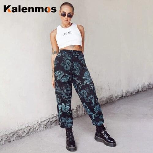 KALENMOS Vintage Punk Black Long Pants Women Harajuku Streetwear Dragon Print High Waist Harm Trousers Gothic Casual Female Pant