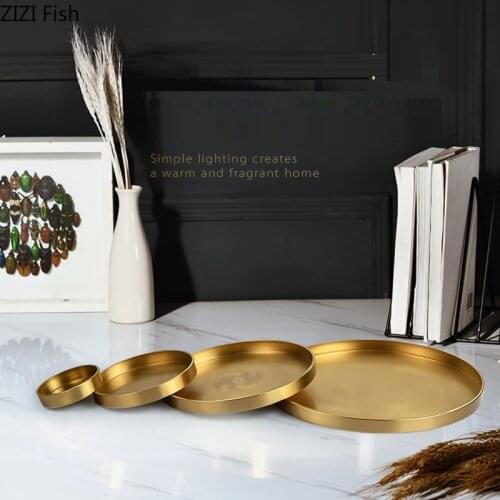 Household Round Brass Storage Tray Coffee Table Metal Candy Jewelry Plate Steak Salad Food Plate Countertop Living Room Decor