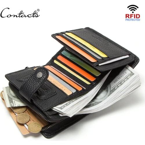 CONTACTS 100% genuine leather RFID blocking men wallet short wallets coin purse male small hasp walet card holders man cuzdan