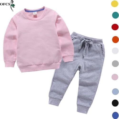 Childrens Solid Fleece Jacket Suits Spring Girl Boy Long Sleeve Warm Cotton T-shirt + Pants Casual Unisex Sport Sets 2-12 Years