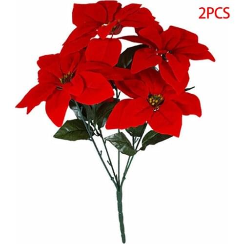 2 Pieces Artificial Poinsettia Flower Fake Christmas Flower for Home Office Simulation Floral Decoration, 5-branch