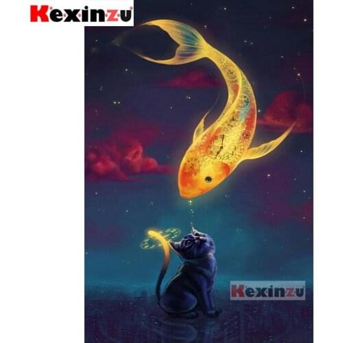 Full Square/Round Drill 5D DIY Diamond Painting "Cat and goldfish" Embroidery Kit Mosaic Cross Stitch Stickers Decor Gift K586
