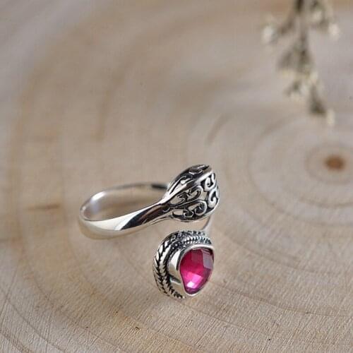 FNJ 925 Silver Heart Rose Corundum Ring Original S925 Sterling Silver Rings for Women Jewelry Open Adjustable Size