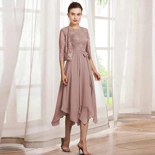 Mother Of The Bride Dress Suits Chiffon Lace Women 2 Pcs Wedding Dress Sets With Jacket Lace Up Large Size Dress Wedding Dressr