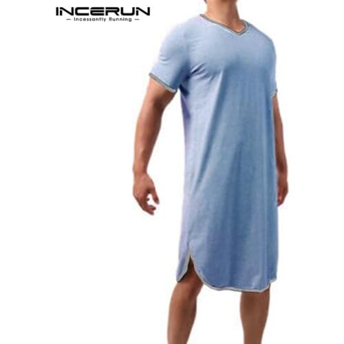 Summer Short Sleeve V Neck Homewear INCERUN Men Patchwork Sleep Robes Hombre Loose Comfy Bathrobes Casual Solid Nightgown S-5XL
