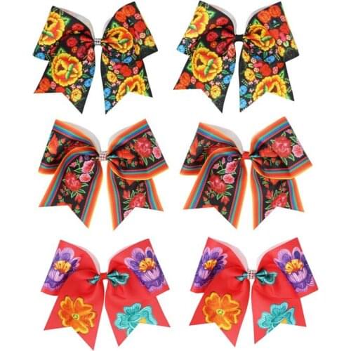 HOT sale7'' Print Cheer Bows Flowers And Plants Cheerleader Girls Bows With Elastic Band For Teens Hair Band Accessories
