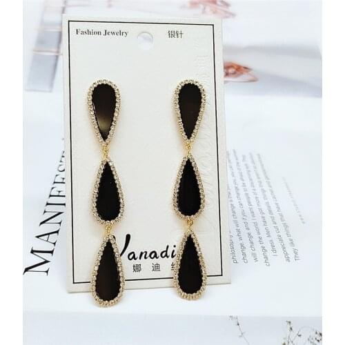 Trendy Cute Long Drop Dangle Earrings for Women Black Color Water Drip Hanging Statement Earrings Unique Wedding Fashion Jewelry