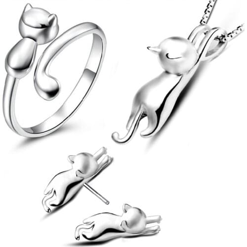 Lovely Cat Jewelry Sets Gold/Silver/Rose Gold Wedding Jewellery for Girls Stainless Steel Cat Pendant Necklace Earrings Set