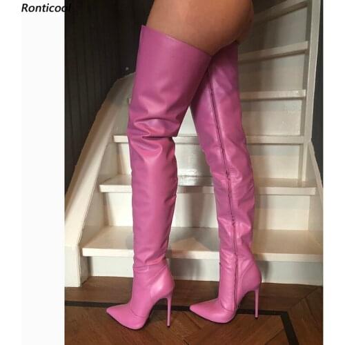 Ronticool New Handmade Women Thigh Boots Full Side Zipper Unisex Stiletto Heel Pointed Toe 12 Colors Club Shoes Us Size 5-15