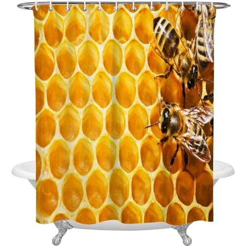Yellow Bee Hive Pattern Shower Curtains Bathroom Curtain Waterproof Polyester Frabic Bathroom Curtain with Hooks