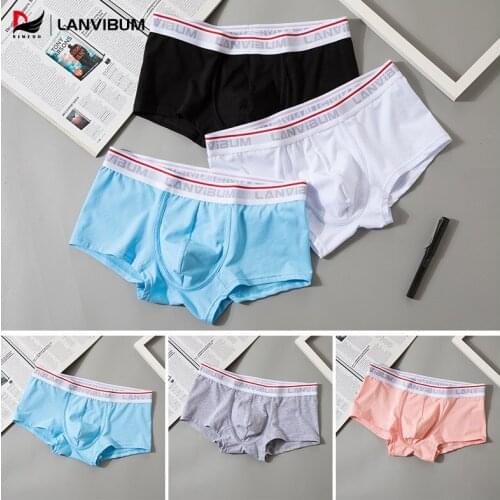 LANVIBUM briefs underwear student youth U convex mid-waist cotton four-corner pants solid color large size mens pants